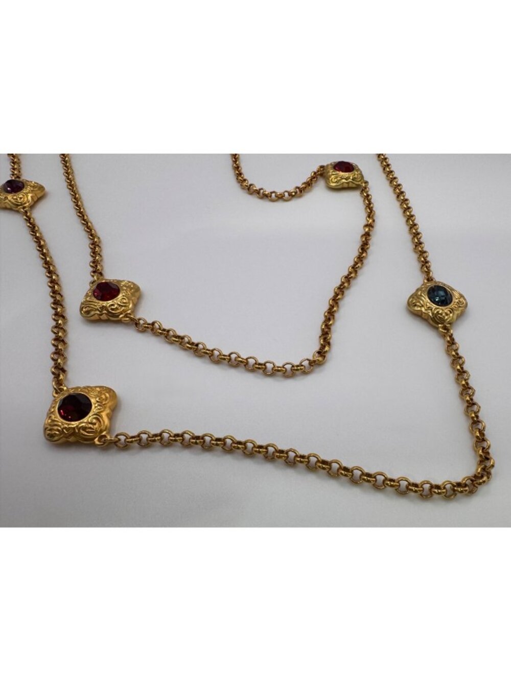 Gold Tone Station Renaissance Revival Necklaces Glass Faceted Set 2pc Statement - Picture 7 of 9